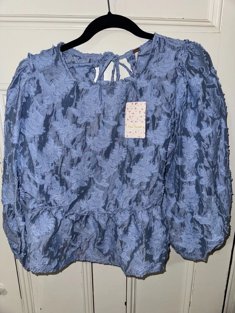 Free People Blue Peplum Puff Sleeve-tied Back NEW